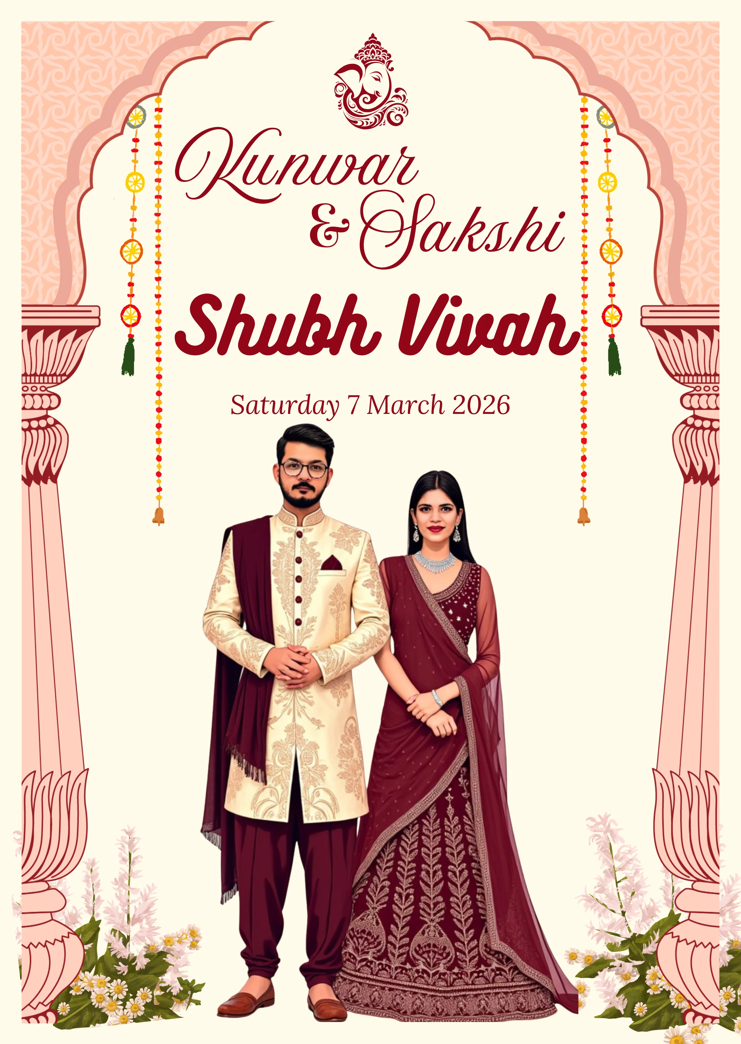 Traditional Indian wedding invitation card in deep red and gold